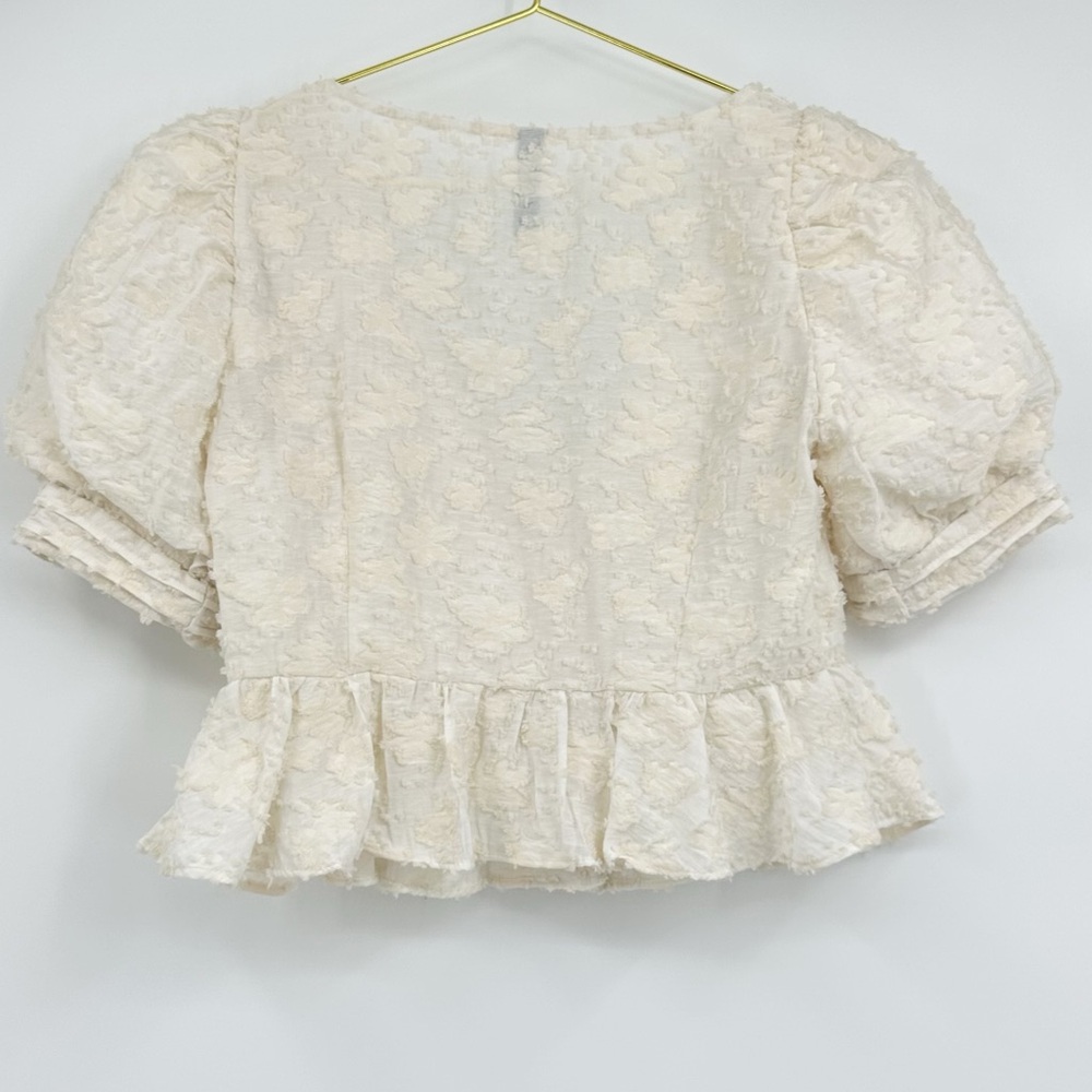 Zara Cream Textured Puff Sleeve Button Front Peplum Blouse Size S - Picture 5 of 12
